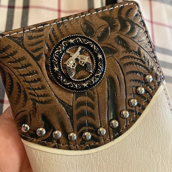 Mens Western Long Wallet Billetera Beige & Brown New - Picture 2 of 9